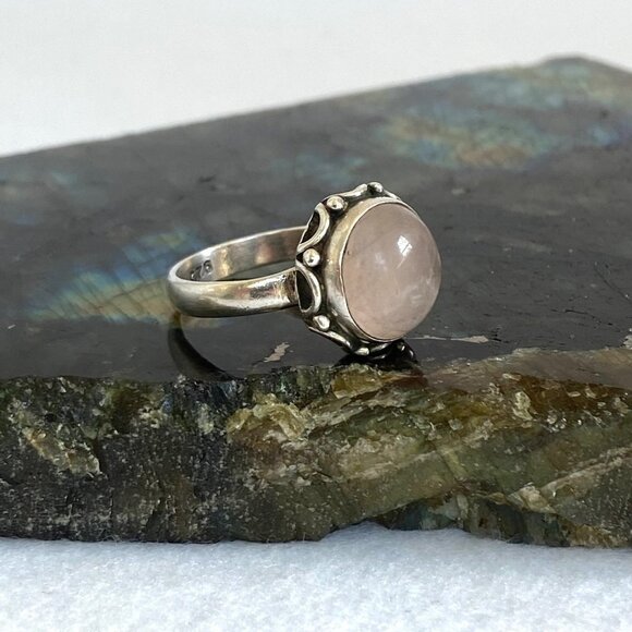 Sterling Silver 925 Round Bezel Set Rose Quartz Cabochon Band Ring Size 6 - Picture 4 of 16